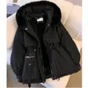 여성 가을 ​​겨울 면화 재킷 주머니 포켓 지퍼 후드 파파 플리케 따뜻한 긴 소매 허리 면화 코트 인과 관계 240104
