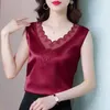 Women's Tanks Korean Black Elastic Satin Lace Hollow Vest Fashion Formal V-neck Sleeveless Office Lady Suit Inside Tops Tees B3373