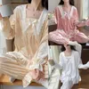 Women's Sleepwear Women Pajamas Set Winter Puff Long Sleeve Lace Bowknot Square Neck Top And Pants Solid Color Victorian