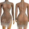 Scenkläder lysande pärlhår rhinestones transparenta fransar miniklänning vit frans födelsedag firar kväll prom outfit för kvinnor