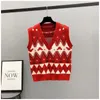 Vårens höstkvinnor söta mönster y2k retro argyle ärmlös lös alla matchar stickad tröja Vest Casual V Neck Pullovers Jumper 240105