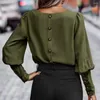 Damenblusen, Damen-T-Shirt, trendige Bluse mit Laternenärmeln, Knopfverschluss, Damenoberteil für Frühling und Herbst, schickes O-Ausschnitt-Shirt