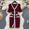 Party Dresses Women Chic Short Sleeve V Neck Sexy Slim Bodycon Dress Vintage French Fashion Knit Tight Vestido Elegant Sweater Robe