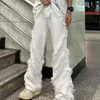 Coppia di jeans bianchi taglio vivo coppia pantaloni lunghi retrò larghi stile americano stile high street 240104