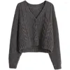 Cardigan tricoté à simple boutonnage pour femme, pull court en tricot torsadé, col en v, collection automne et hiver 2024