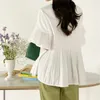 Kvinnors blusar Summer Short Sleeve Woman Ruffles Elegant Shirts and White Casual Folds Tops 2024 Fashion Office Lady Loose Blusa 26718