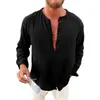 Men's Casual Shirts Men Stand Collar Cardigan Tops Cotton Linen Long Sleeves T-shirt Solid Color Breathable Stylish Shirt
