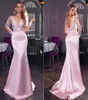 Robes de soirée rose fête robe de bal appliques fermeture éclair personnalisée à lacets grande taille sirène trompette col rond manches longues élastique satin nouvelle illusion perlée