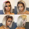 613 blonde Lace-Front-Perücken für Frauen, kurzer Bob, brasilianische Echthaar-Perücke, braune Wurzeln, HD-transparente Spitze-Frontal-Perücken, vorgezupft