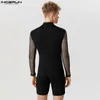 Vestido incerun 2023 estilo americano nova moda masculina transparente malha macacão casual sexy masculino cordão de manga comprida macacões s5xl