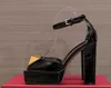 Peep Toes Scarpe décolleté con plateau Sandali Gehuine Cinturino alla caviglia in pelle con tacco alto Tacchi grossi Strass in seta Designer di lusso da donna Scarpe da sera