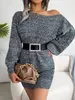 Women Casual Off Shoulder Long Sleeve Knitted Sweater Dress Autumn Winter 2013 Clothes Without The Belt 240104