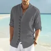 Весенне-осенняя пляжная мужская повседневная хлопково-льняная рубашка с воротником-стойкой, свободный топ с длинными рукавами, красивая модная рубашка США S-3XL 240104