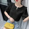 Kadın Bluzları 2024 Yaz Moda Trendi İşe Gidiyor Basit ve Tatlı Ahşap Kulak Kenar Gevşek Bebek Gömlek Düz Renk