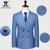 S-5XL Blazer Vest Pants Luxury High-End Brand Men's Slim Formal Business Blue Plaid Suit 3del Groom Wedding Dress Party Tuxedo 240104