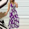 Casual Dresses 2024 Ladies Printed Sling Long Spaghetti Strap Deep-V Neck Low-Cut Maxi Dress Summer Beach Boho