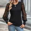 Kvinnor Blusar Spring Autumn Women Sheer Mesh Patchwork Elegant T Shirts Fashion Casual O Neck Long Sleeve Slim Pullover Basic Tops Blus