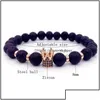 Bärade strängar mode MicroInserts Crown Charm Lava Armband Women Men Chakra Healing Ncing Natural Stone 8mm Beads Armele Drop de D DHF4B