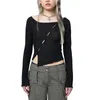 T-shirt da donna YHLZBNH Donna S Y2k Camicia a maniche lunghe Scollo a barchetta Taglio frontale Basic Slim Fit Crop Top Clubwear Streetwear