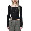 Mulheres Camisetas YHLZBNH Mulheres S Y2K Camisa de Manga Longa Barco Pescoço Frente Corte Básico Slim Fit Crop Tops Clubwear Streetwear