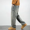American Casual Denim Pants Solid Color Retro Wide Leg Straight Mid midjefickor Bottom Löst Jeans Mänkläder 240104