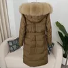 Vera pelliccia di volpe collo inverno donna piume d'anatra bianca giacca lunga cintura femminile spesso cappotto caldo capispalla sottile con cappuccio di lusso 240105