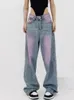 High Street Vintage Jeans Kvinnor Summer High Grade Spray Dyed Graffiti Straight Tube Wide Leg Floor Towers Women's Jeans 240104