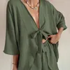 Maillots de bain pour femmes Vintage Robe Femmes Vêtements Été Long Casual 2024 Sexy Pyjamas courts Split avec manches Outworn Home Solid Coton Coréen