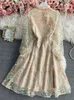 Подиумное роскошное сетчатое кружевное платье с цветочной вышивкой, летнее женское платье с длинным рукавом и цветочной вышивкой, оборками, офисное вечернее платье миди 240105