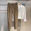 Pantaloni da completo autunno inverno da uomo di spessore elastico in vita classico grigio marrone pantaloni formali coreani dritti di lana maschile 27-38 240105