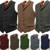 Herr ull tweed smal fit fritid bomullsgranskning Vest Gentleman Herringbone Business Brown Waistcoat Blazer för bröllopsbrudgum 240104