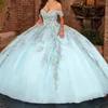 Небесно-голубое платье принцессы Sweet 16 Quinceanera с открытыми плечами, аппликация, кружевной корсет с бисером, платье для дебютантки 15 лет