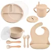 식기 세트 11pcs/set baby children 's 탁자 방수 턱받이 feeidng 단색 접시 빨판 요리 스푼 포크 누출시피