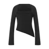 Women's T Shirts Women Long Sleeve T-Shirts Solid Color Ruched Square Neck Casual Spring Fall Slim Fit Tops Streetwear
