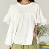 Kvinnors blusar Summer Short Sleeve Woman Ruffles Elegant Shirts and White Casual Folds Tops 2024 Fashion Office Lady Loose Blusa 26718