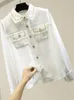 Projektant mody Tweed Patchwork Szyfonowa Koszula Bluzka Kobiety w stylu Vintage długim rękawem Złota Łańcuch Perły Splotowe Tassels Kieszonki 240105