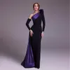 ストレートサテンエレガントブラックシングルショルダープロムドレス長袖スペシャルイブニングドレス紫色のプリーツトレインフォーマルオックYD