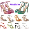 Med Box Aquazzura Sandaler Rhinestone Decoration Designer High Heels Wedding Shoes Sexig ankel Rem Real Leather Sole Sandal Crystal Stiletto Heel Womens Shoes