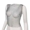 Europe Net T-Shirt et Amérique Cross Hot Border Diamond Grid Diamond Fishing Sweet Top Sexy Spicy Débardeur Mesh Crystal Qualité de vie