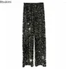 Women's Pants 2024 Thickening Warm Silver Black Sequin Autumn Winter Glitter Sparkly Trousers Party Clubwear Female