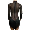 Stage Wear Black Tassel Sparkling Rhinestone Dress Women Sexy Club Mesh See Through Outfit Party Show Performance