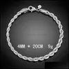 Łańcuch Luksus M 4mm 925 Sterling Sier Bracelets 8 -calowe kobiety pokręcona linowa opaska na opaskę na męską biżuterię mody Dwk2