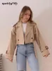 Khaki Cropped Trench Women Long Sleeves Cropped Design Jacket Chic Lady High Street Casual Loose Coats Top Female 240104