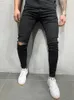 Nödställda knähål elastiska mager jeans män rippade cyklist denim byxor fast tvättade streetwear svarta pantalones hombre joggar 240104