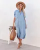 Casual Dresses Women Solid Color Denim Dress Shirt Neck Batwing Sleeve Street Loose Split