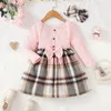 Girl Dresses Toddler Baby Girls Wool Plaid Ribbed Dress Princess Long Sleeve Knitted Bow Headband Children A-linen Outfits Clothing