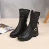 Stiefel Mittellange Stiefel mit dicken Absätzen für Damen Herbst und Winter, Gürtelschnallenverzierung, seitlicher Reißverschluss, niedrige, runde Zehenpartie, große Rittergröße, Damen 230830