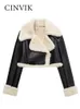 Mode kvinnor läderjacka vinterkläder solida främre dragkedja jackor vintage lapel hals chic lady outfit coat varm 2023 240105