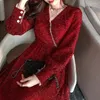 Abiti casual Donna Abito rosso Autunno e inverno scollo a V manica lunga anno Vestido De Mujer