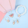 Children Jewelry Set Minimalist Pearl Bracelet Ring Cute Oil Dropping Butterfly Necklace Earrings for Women